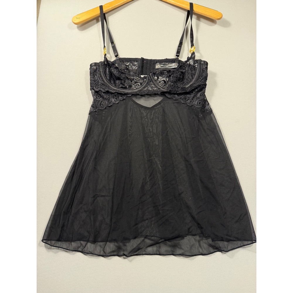 Oh La La Cheri Paris Black Lace Mesh Babydoll Chemise Underwire S/M